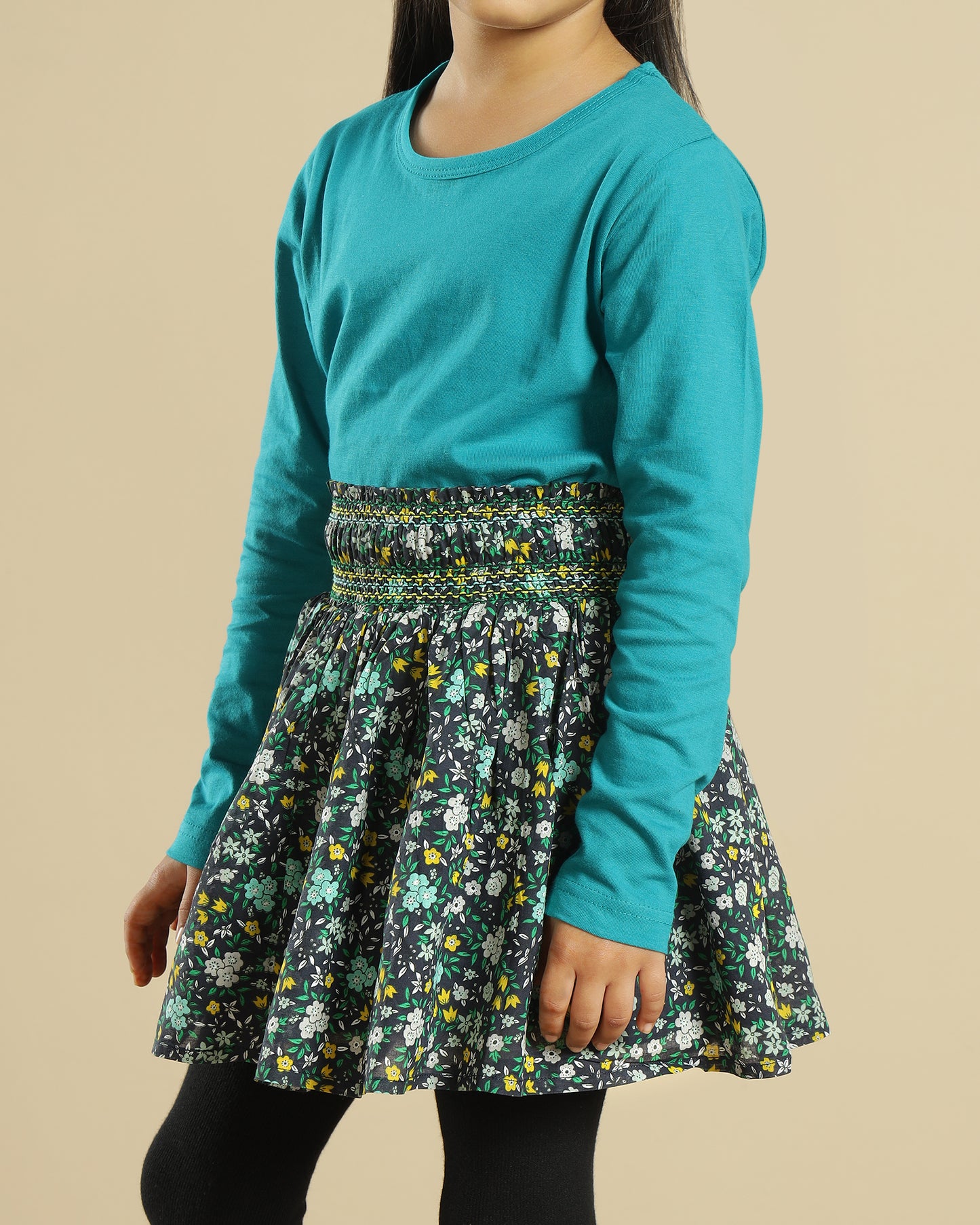 Girls Floral Printed Smocked Flared Mini Skirt