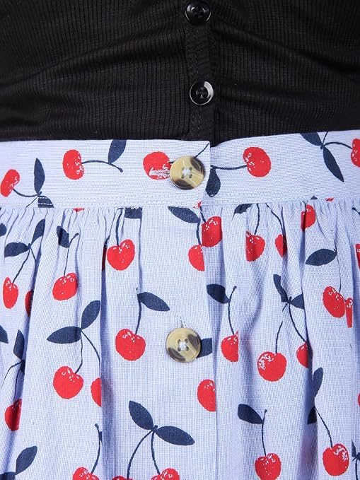 Girls Cherry Printed Flared Mini Skirt with Button Detail