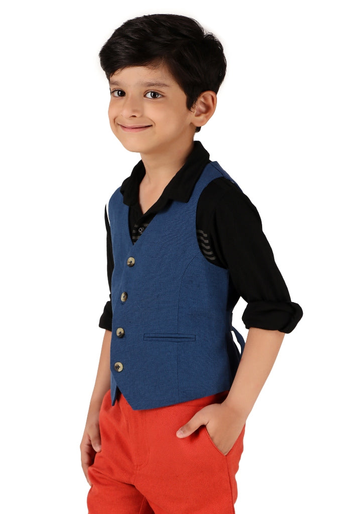 Boys Solid Blue Casual Waistcoat