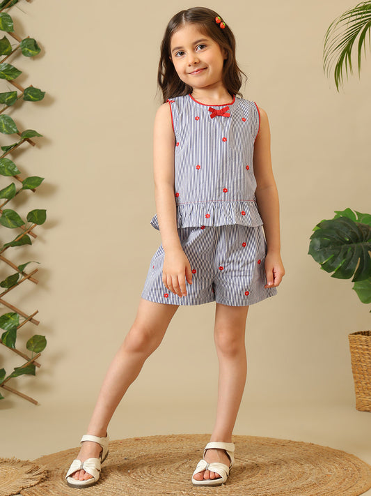 Girls Striped Embroidered Co-Ord Set