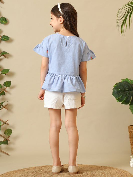Girls Light Blue Embroidered Cotton Ruffle Top