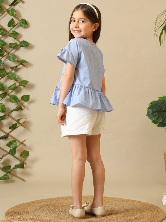 Girls Light Blue Embroidered Cotton Ruffle Top