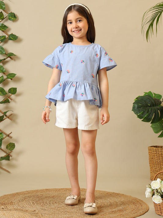 Girls Light Blue Embroidered Cotton Ruffle Top