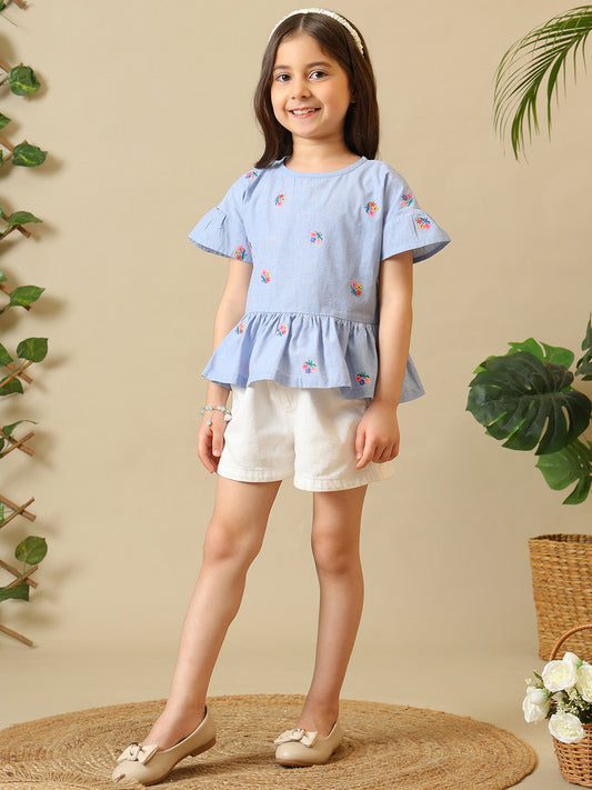 Girls Light Blue Embroidered Cotton Ruffle Top