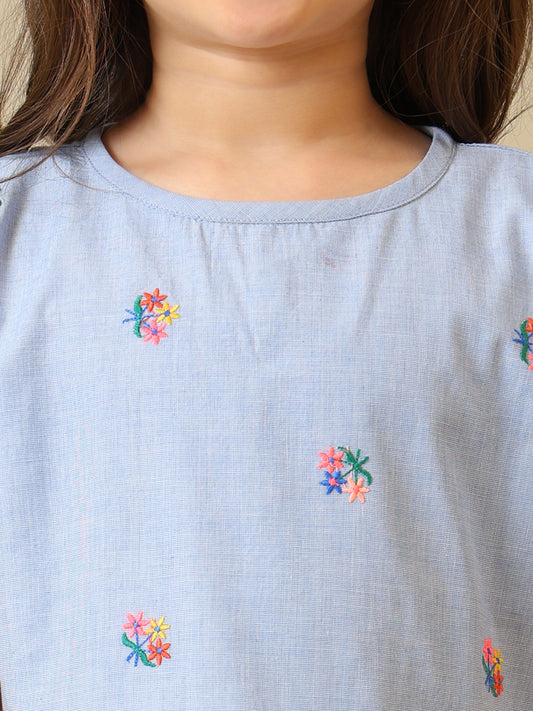 Girls Light Blue Embroidered Cotton Ruffle Top