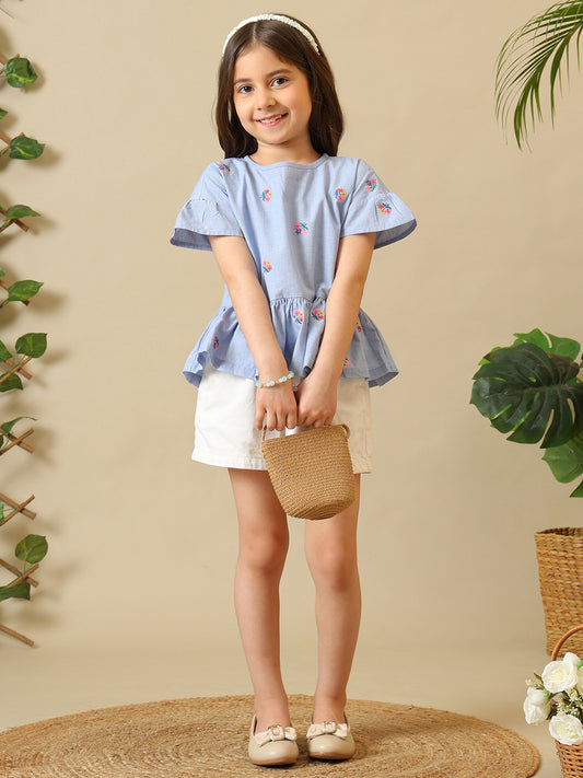 Girls Light Blue Embroidered Cotton Ruffle Top