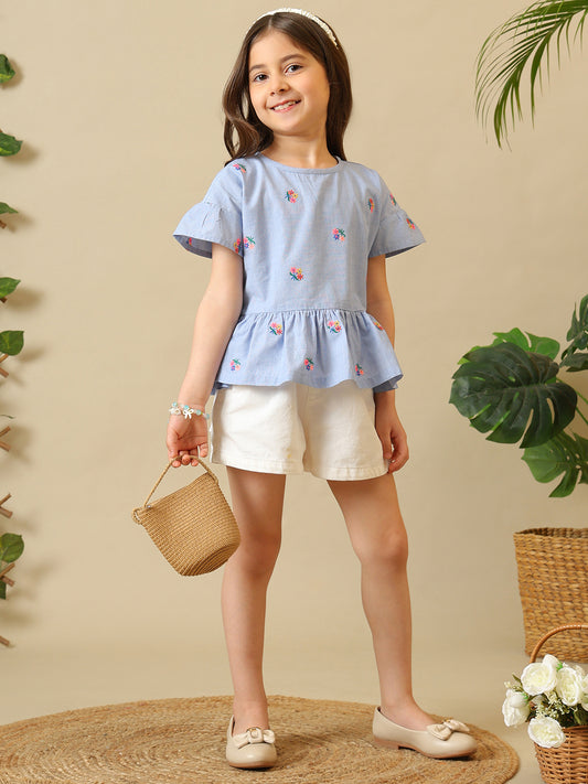 Girls Light Blue Embroidered Cotton Ruffle Top