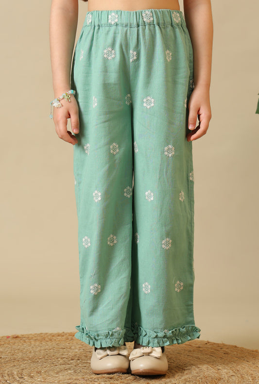 Girls Green Embroidered Cotton Linen Pant Set