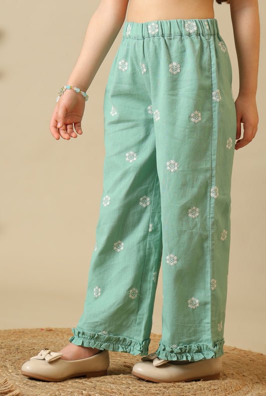 Girls Green Embroidered Cotton Linen Pant Set