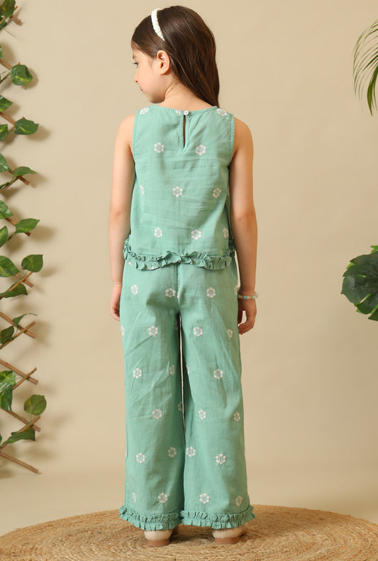 Girls Green Embroidered Cotton Linen Pant Set