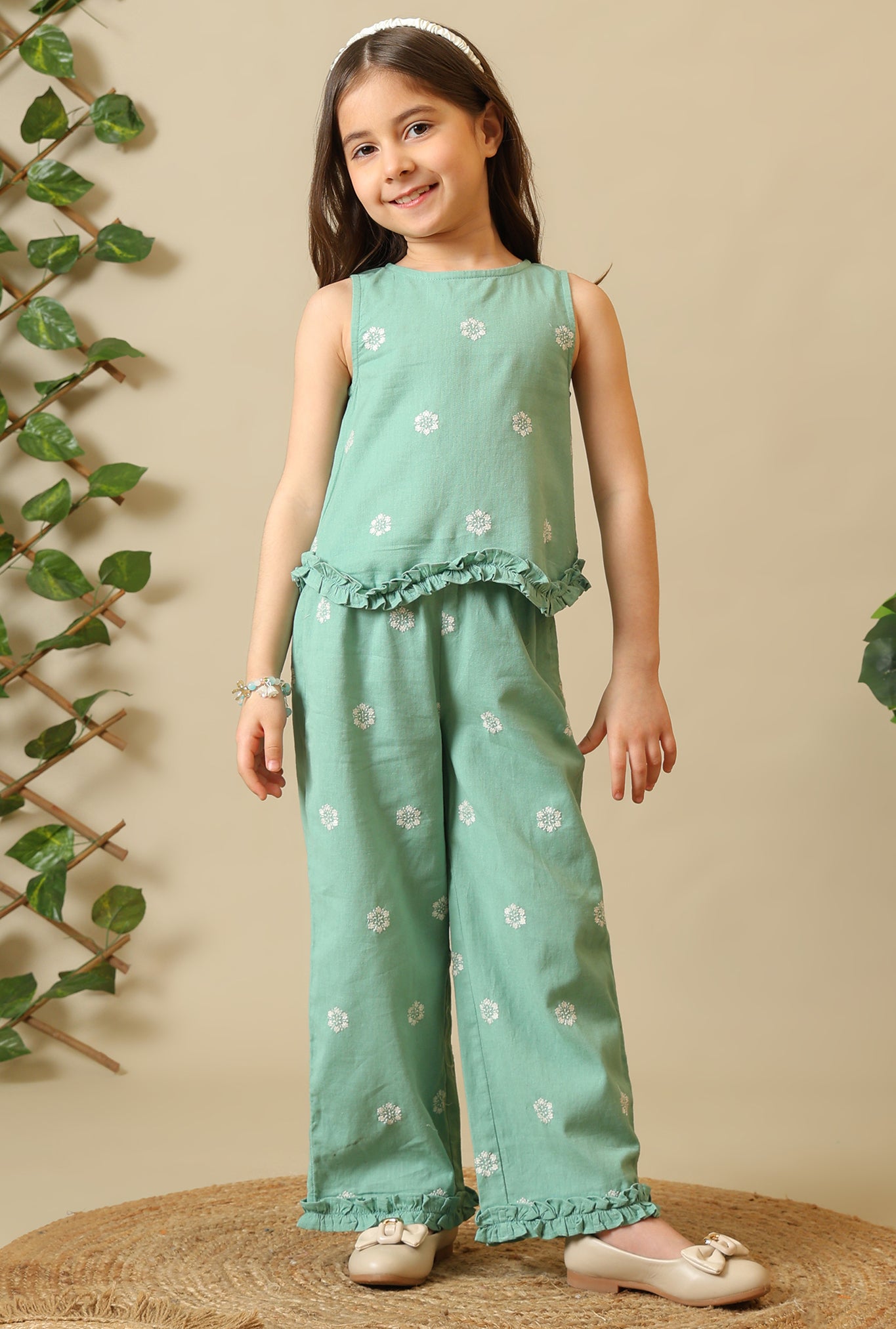 Girls Green Embroidered Cotton Linen Pant Set
