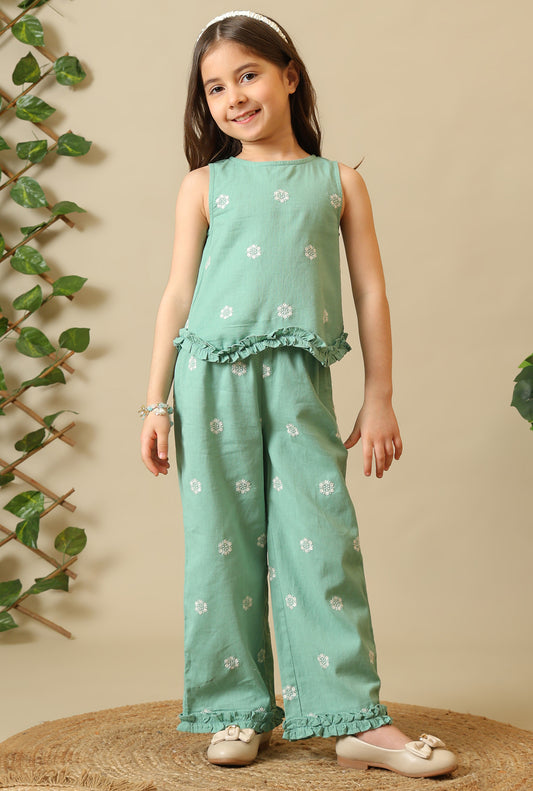 Girls Green Embroidered Cotton Linen Pant Set