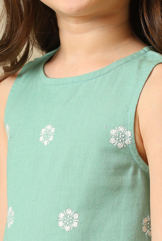 Girls Green Embroidered Cotton Linen Pant Set