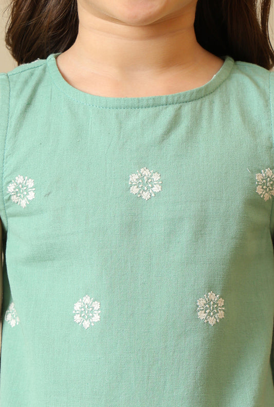 Girls Green Embroidered Cotton Linen Pant Set