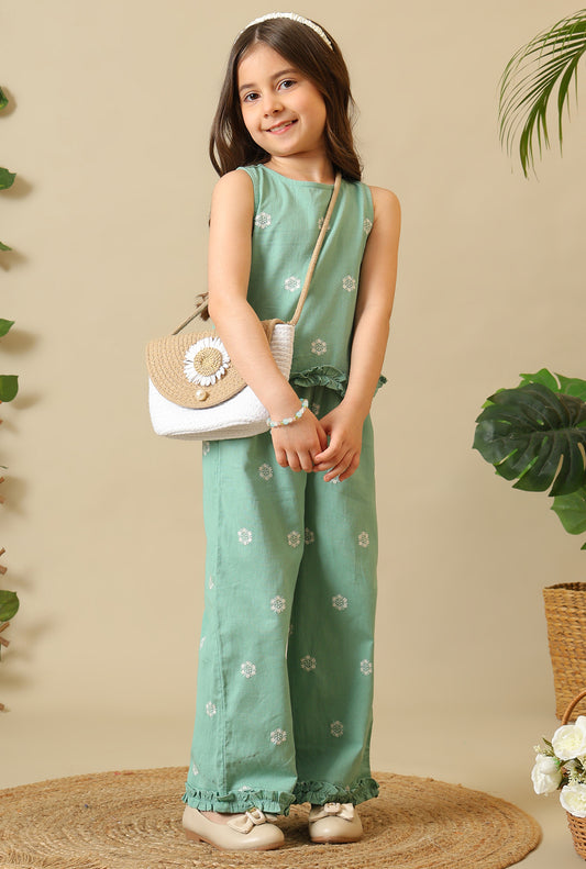 Girls Green Embroidered Cotton Linen Pant Set