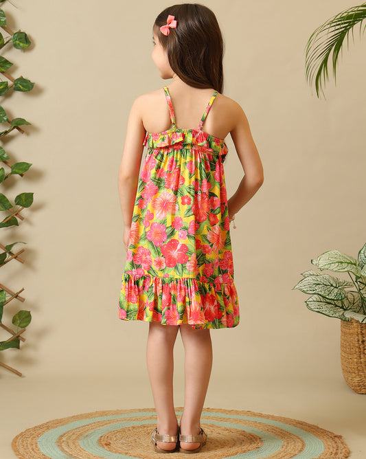 Girls Floral Printed Strappy Dress