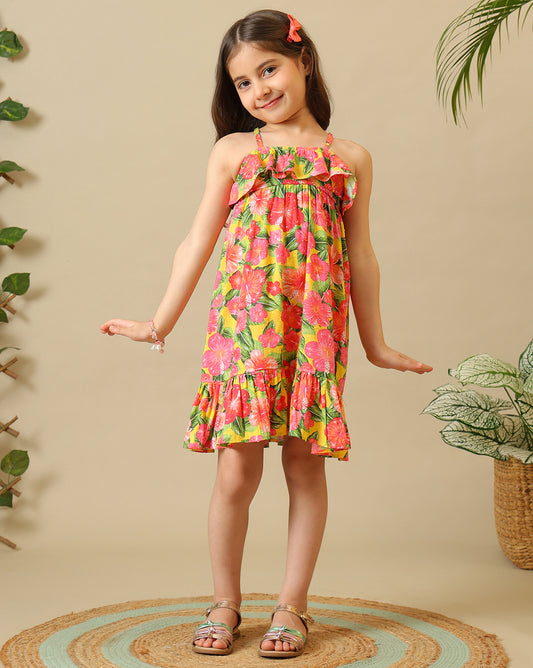 Girls Floral Printed Strappy Dress