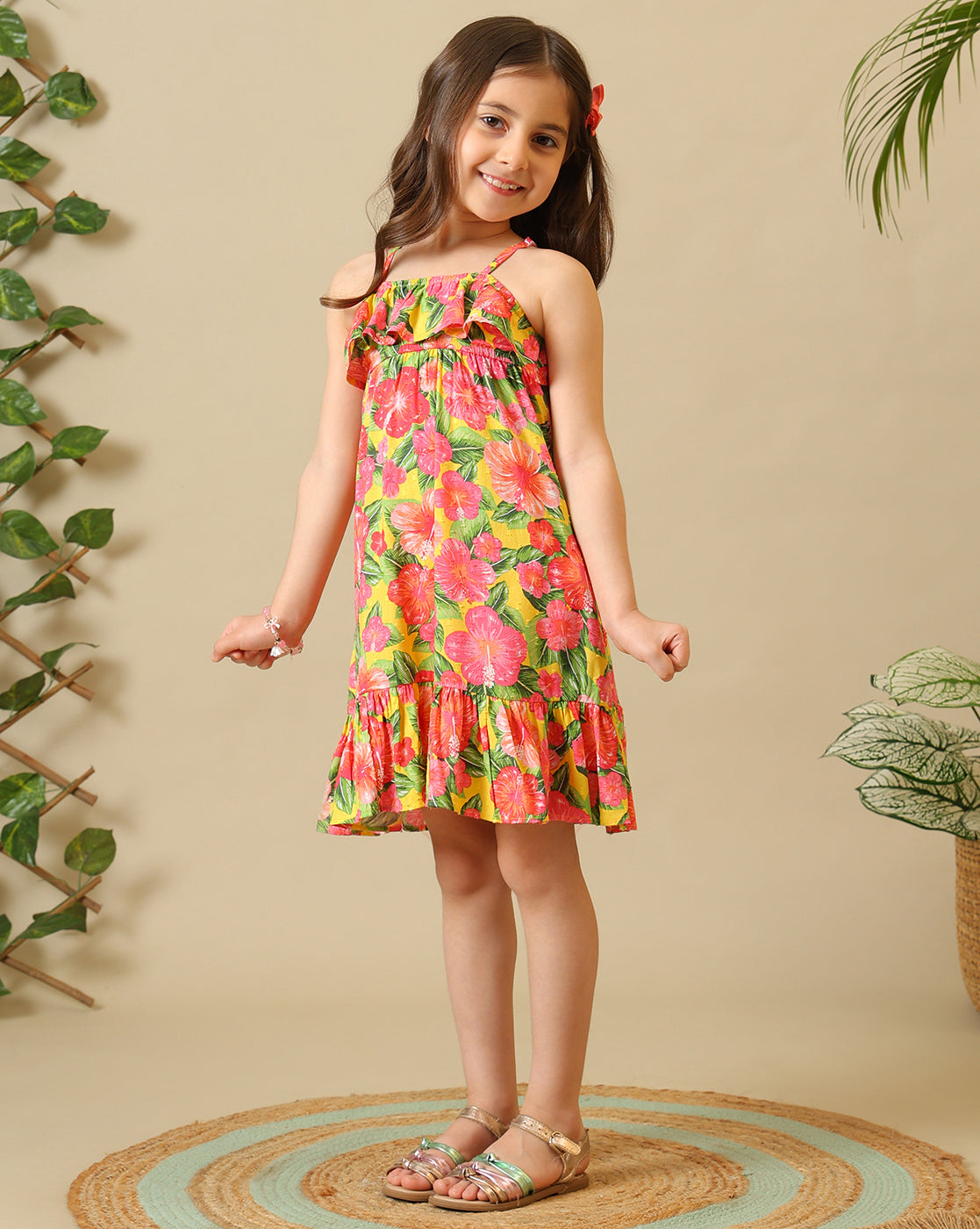 Girls Floral Printed Strappy Dress