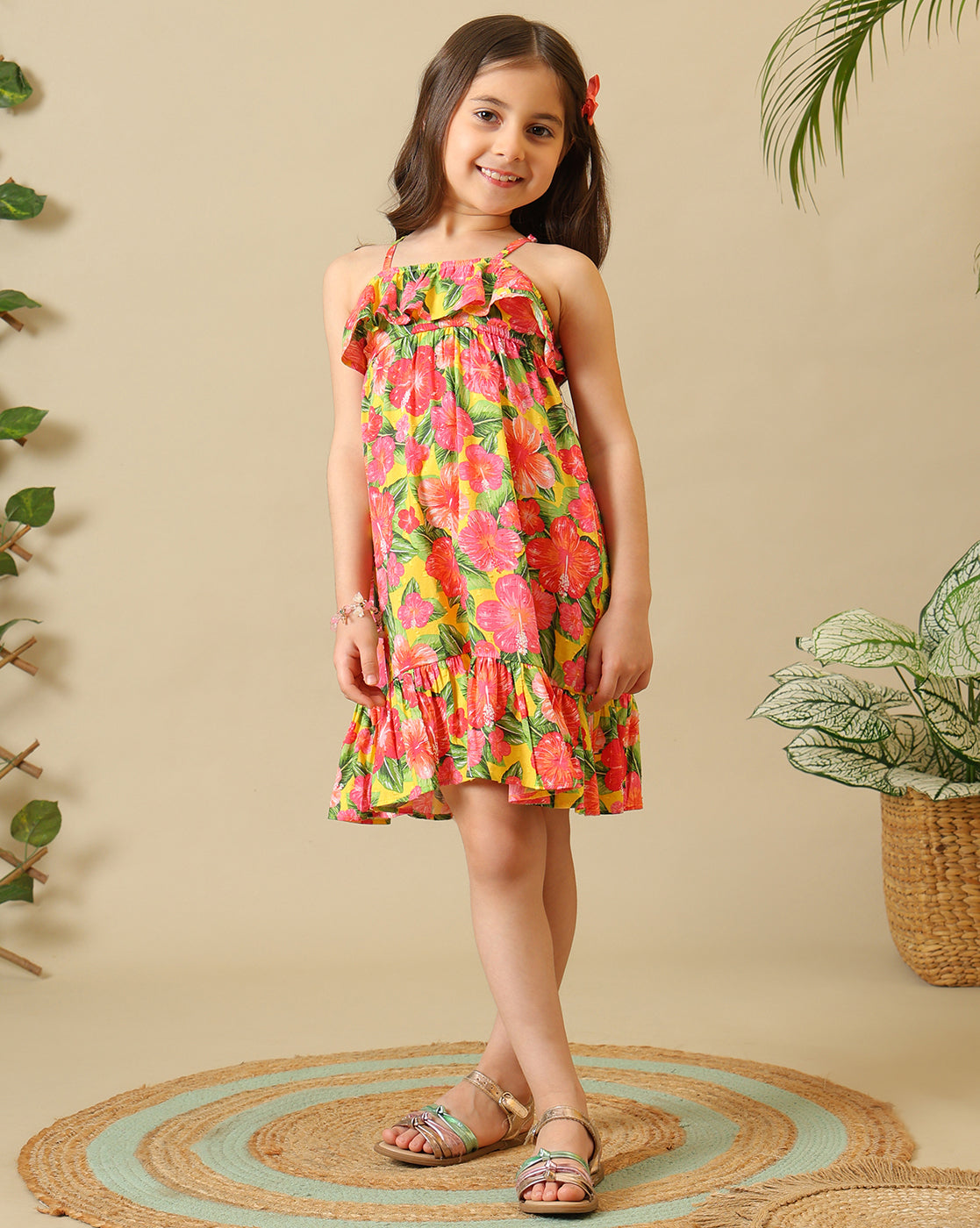 Girls Floral Printed Strappy Dress