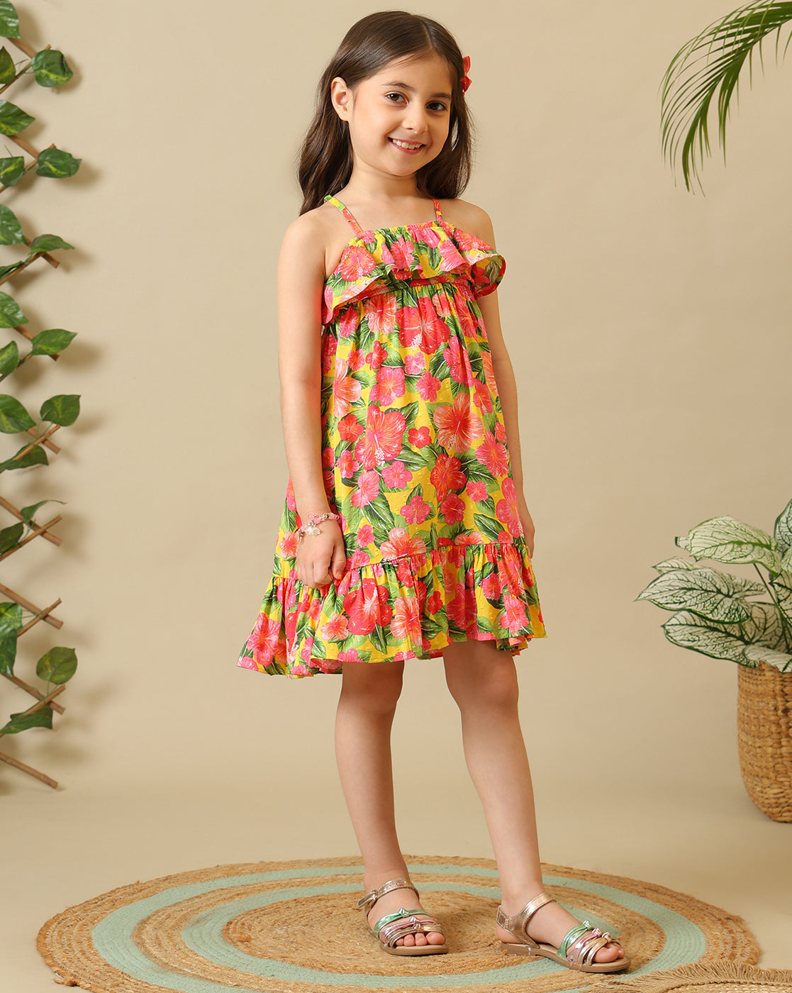 Girls Floral Printed Strappy Dress
