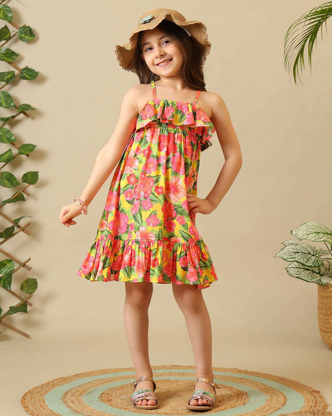 Girls Floral Printed Strappy Dress