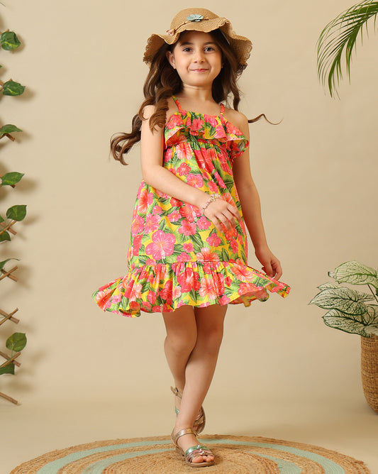 Girls Floral Printed Strappy Dress