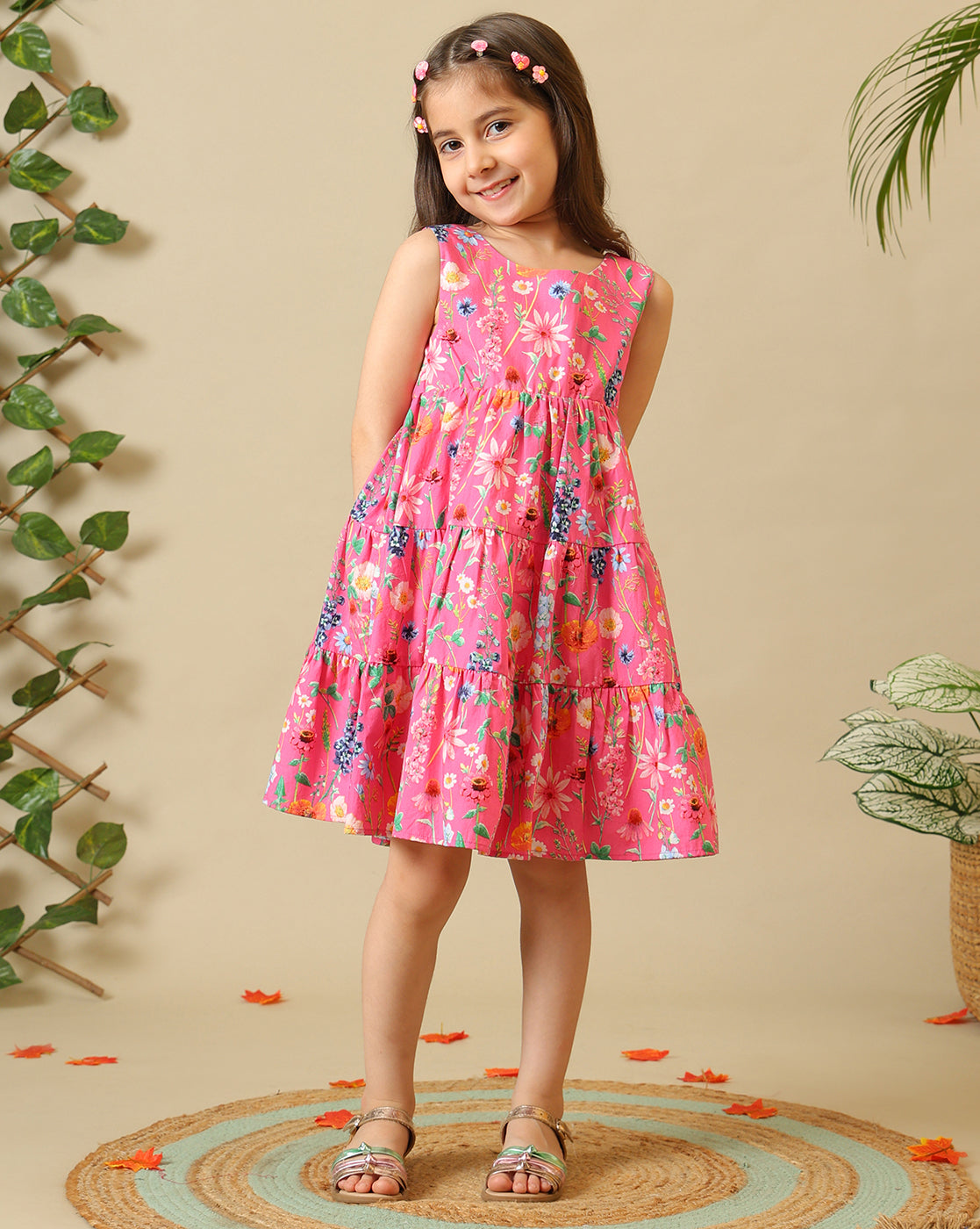 Girls Floral Printed Tiered Dress