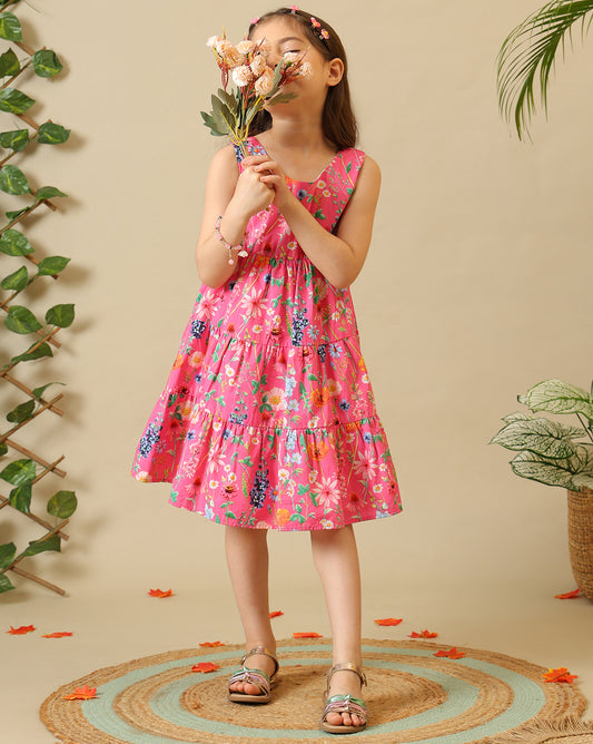 Girls Floral Printed Tiered Dress