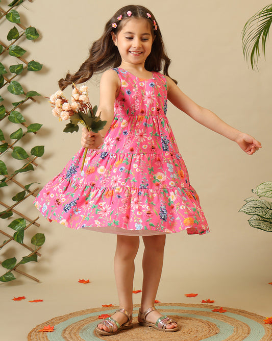 Girls Floral Printed Tiered Dress