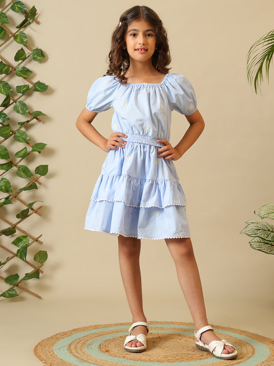 Girls Light Blue Cotton Embroidered Skirt