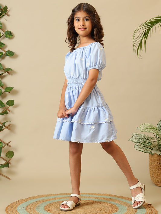 Girls Light Blue Cotton Embroidered Skirt