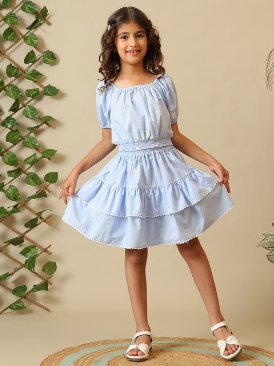 Girls Light Blue Cotton Embroidered Skirt