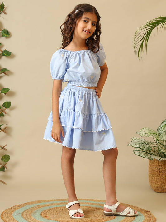Girls Light Blue Cotton Embroidered Skirt