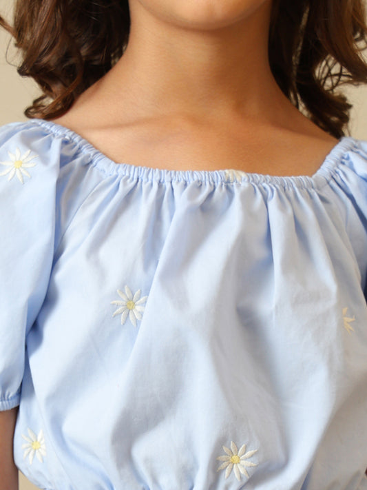Girls Light Blue Cotton Embroidered Skirt