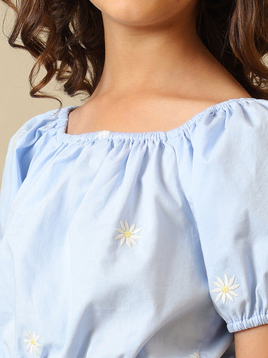 Girls Light Blue Cotton Embroidered Skirt