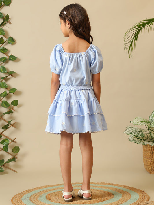 Girls Light Blue Cotton Embroidered Skirt