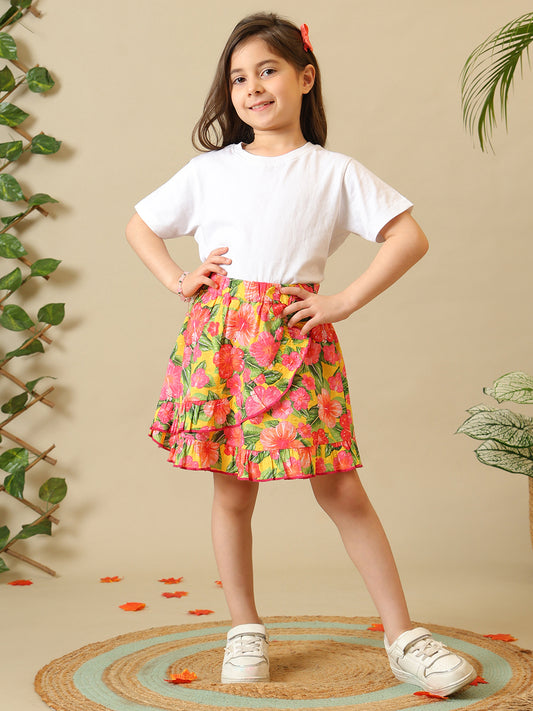 Girls Multicolor Floral Cotton Dobby Skirt