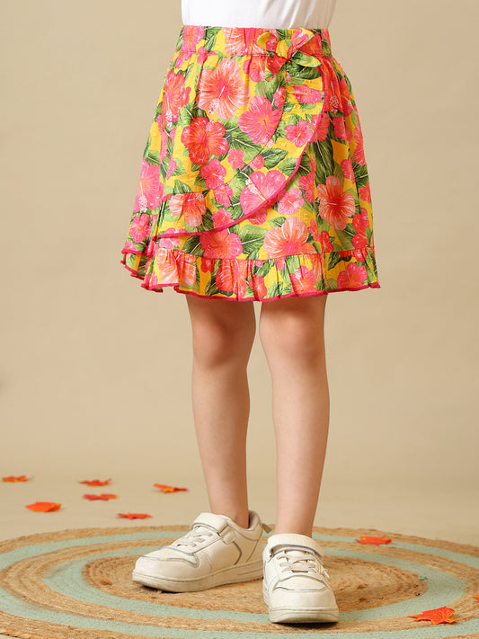 Girls Multicolor Floral Cotton Dobby Skirt