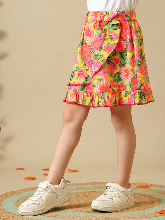 Girls Multicolor Floral Cotton Dobby Skirt