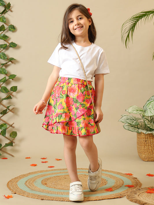Girls Multicolor Floral Cotton Dobby Skirt