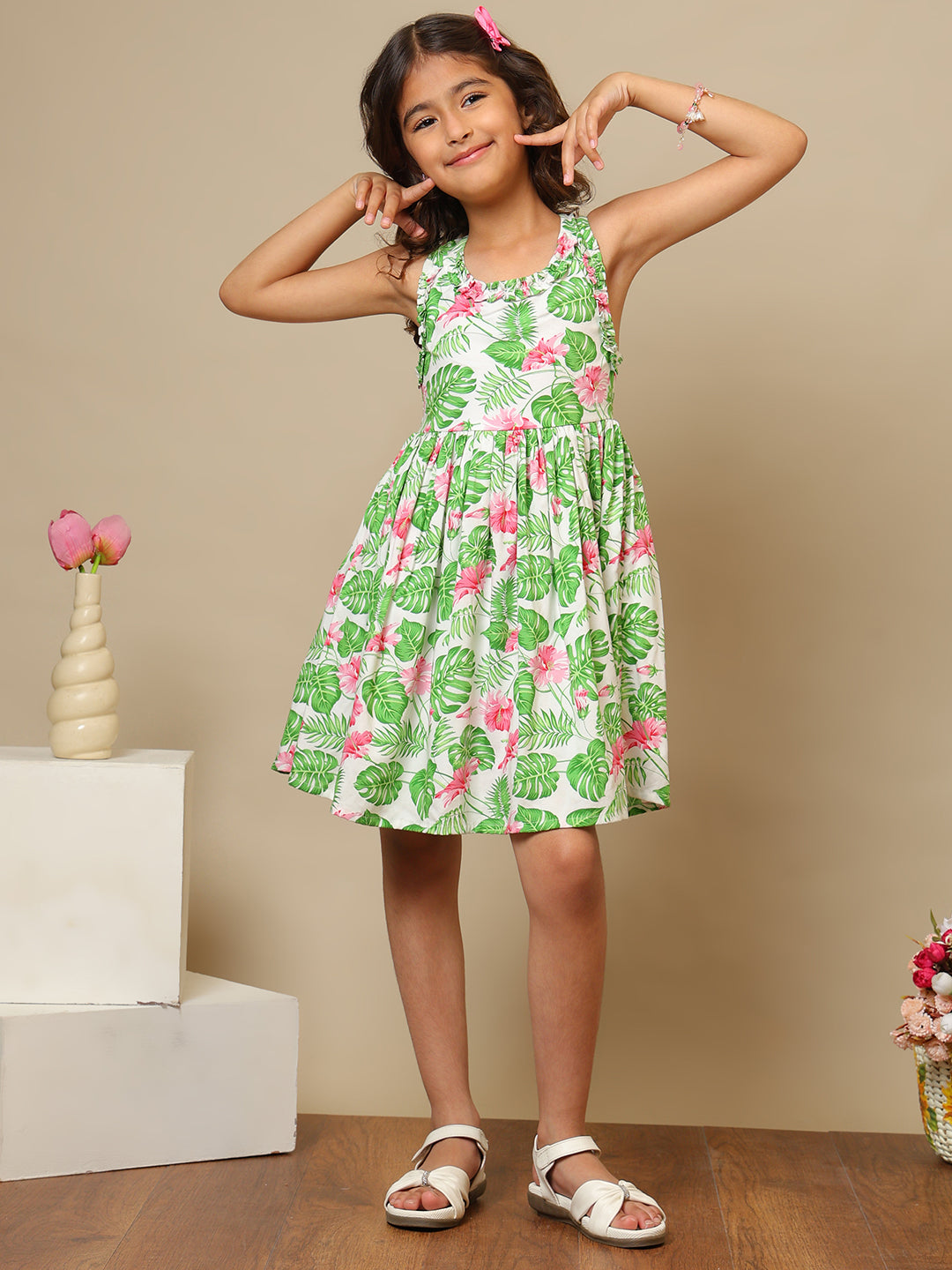 Girls Tropical Printed Fit & Flare Dress