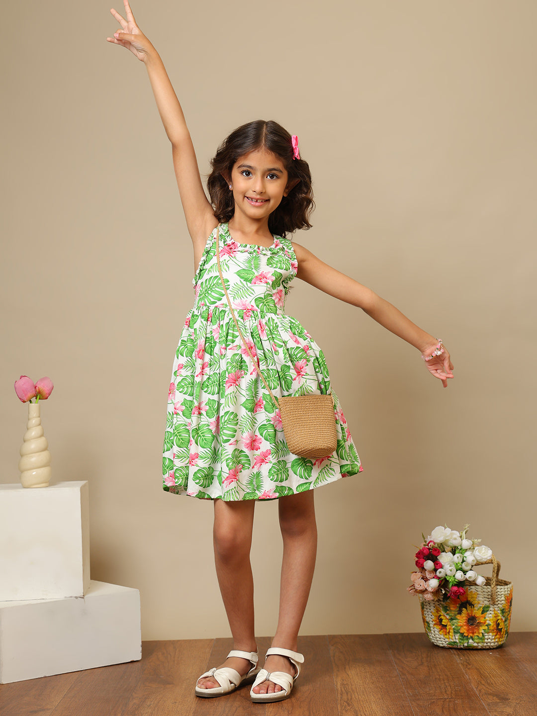 Girls Tropical Printed Fit & Flare Dress