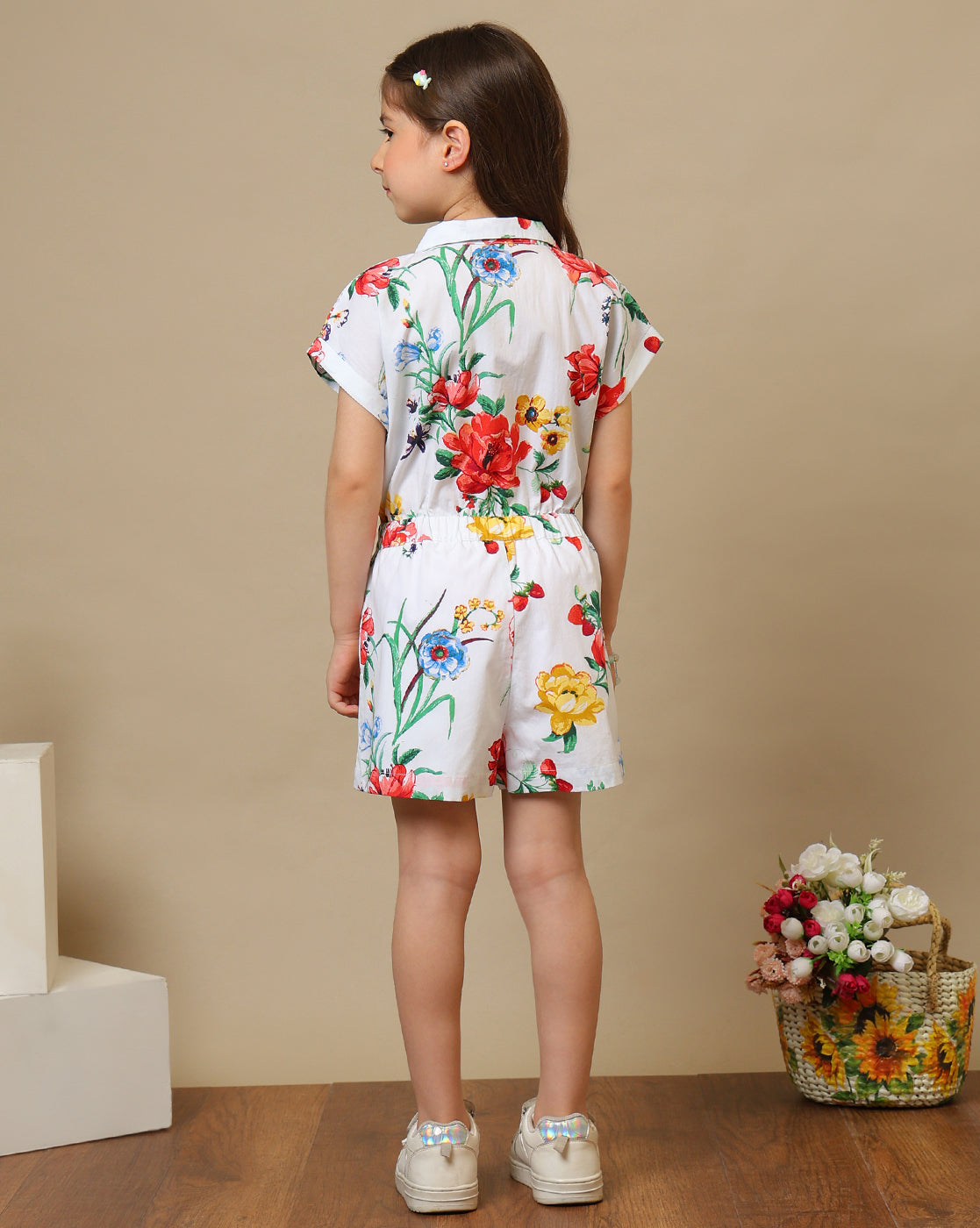 Girls Floral Printed Collared Romper