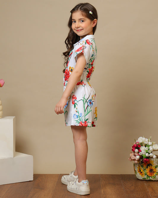 Girls Floral Printed Collared Romper