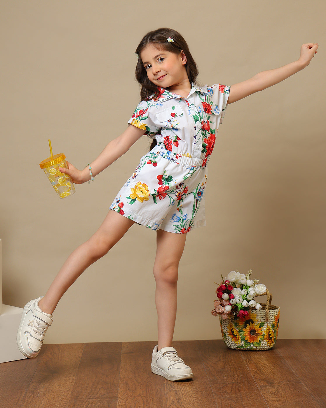 Girls Floral Printed Collared Romper
