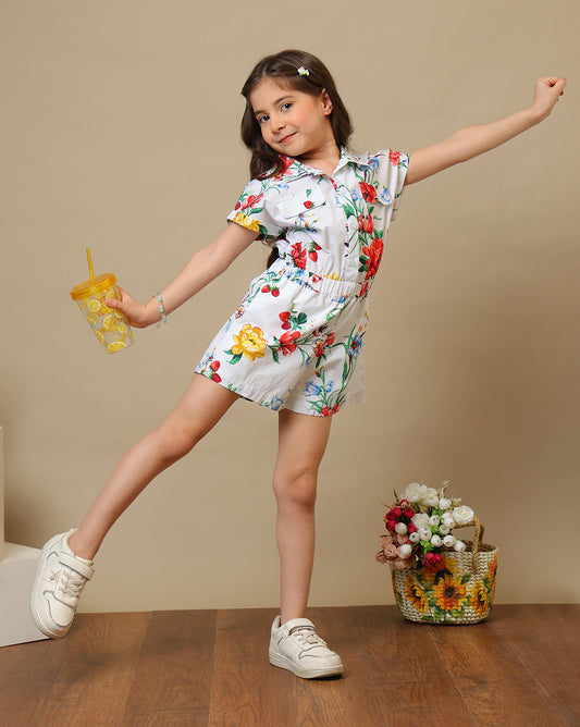 Girls Floral Printed Collared Romper