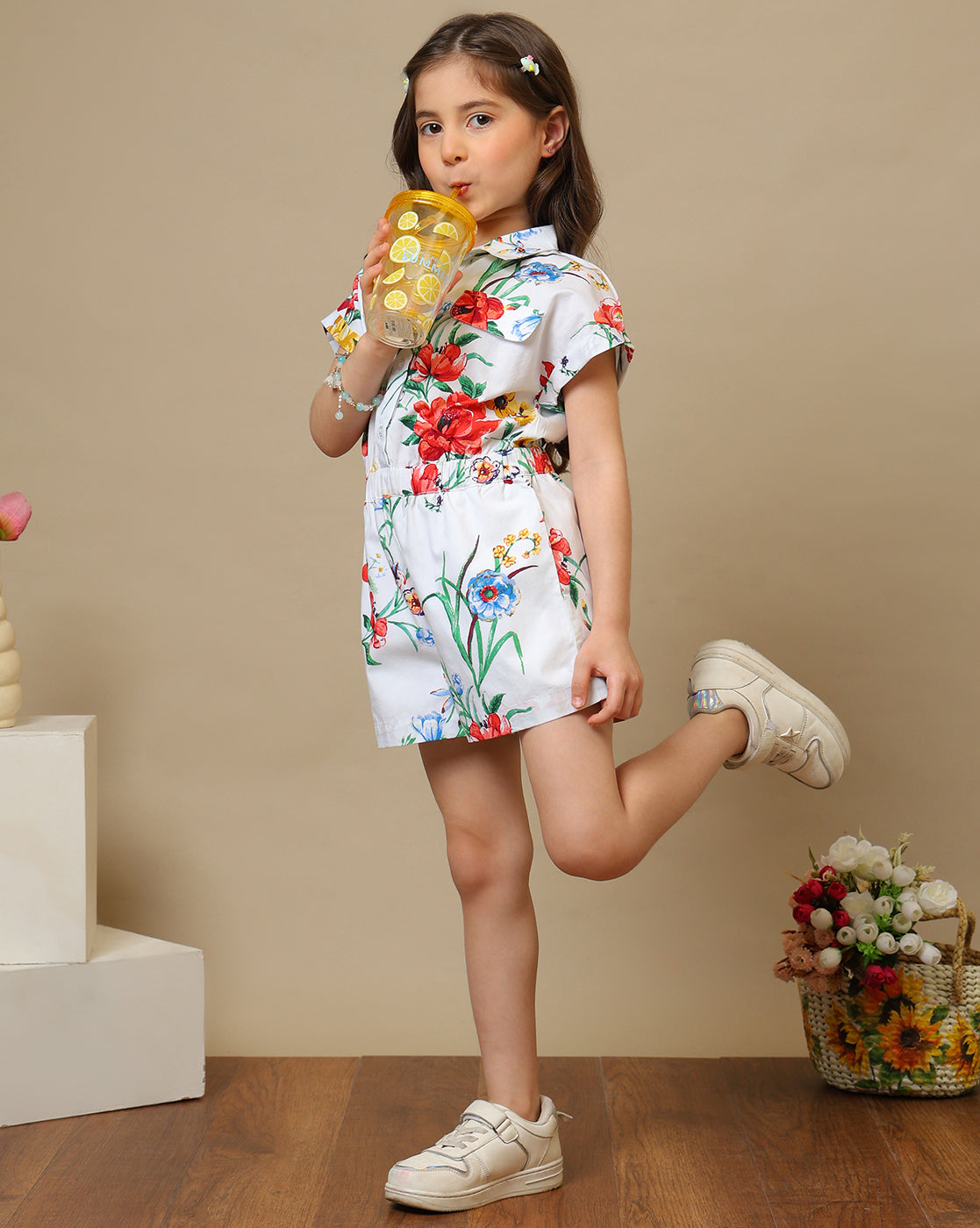 Girls Floral Printed Collared Romper