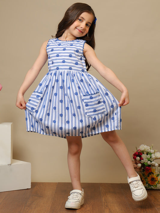 Girls Cotton Dobby Striped Dress