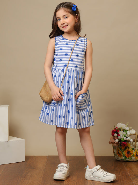 Girls Cotton Dobby Striped Dress