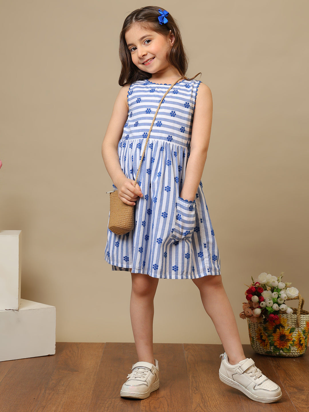 Girls Cotton Dobby Striped Dress